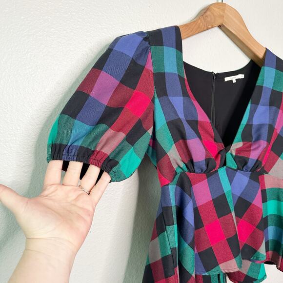 Tularosa Otis Black Multi Plaid Cropped Plunge Neckline Top women’s size small - Picture 3 of 14